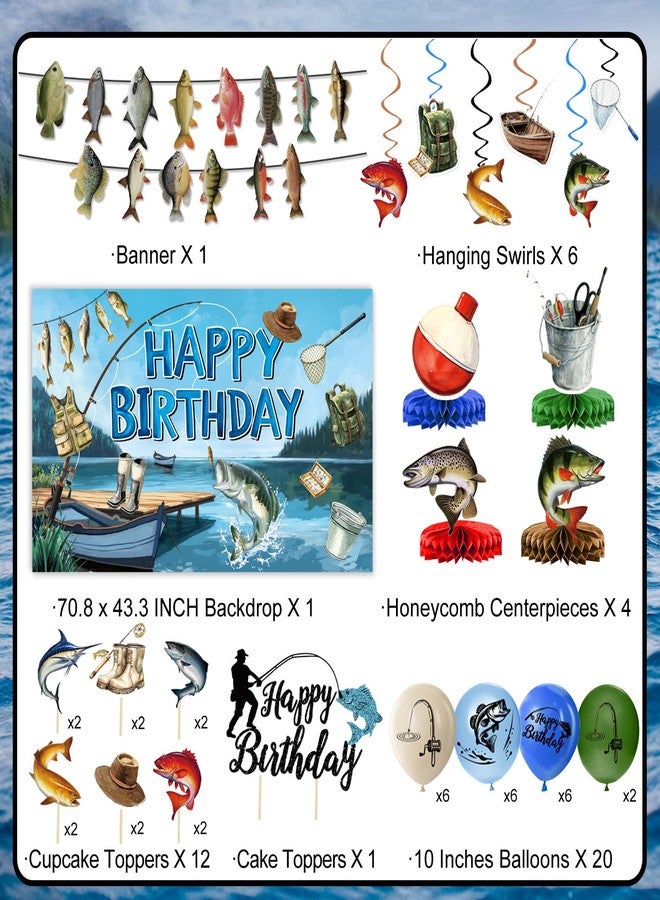 LINHAXM Fishing Birthday Party Decorations Includes Backdrop, Banner, Hanging Swirls, Balloons, Cake & Cupcake Toppers, Honeycomb Centerpieces for Ofishally One Birthday Decorations - Image 2
