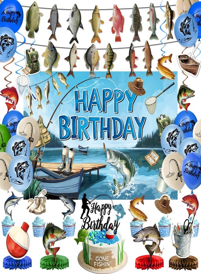LINHAXM Fishing Birthday Party Decorations Includes Backdrop, Banner, Hanging Swirls, Balloons, Cake & Cupcake Toppers, Honeycomb Centerpieces for Ofishally One Birthday Decorations - Image 1