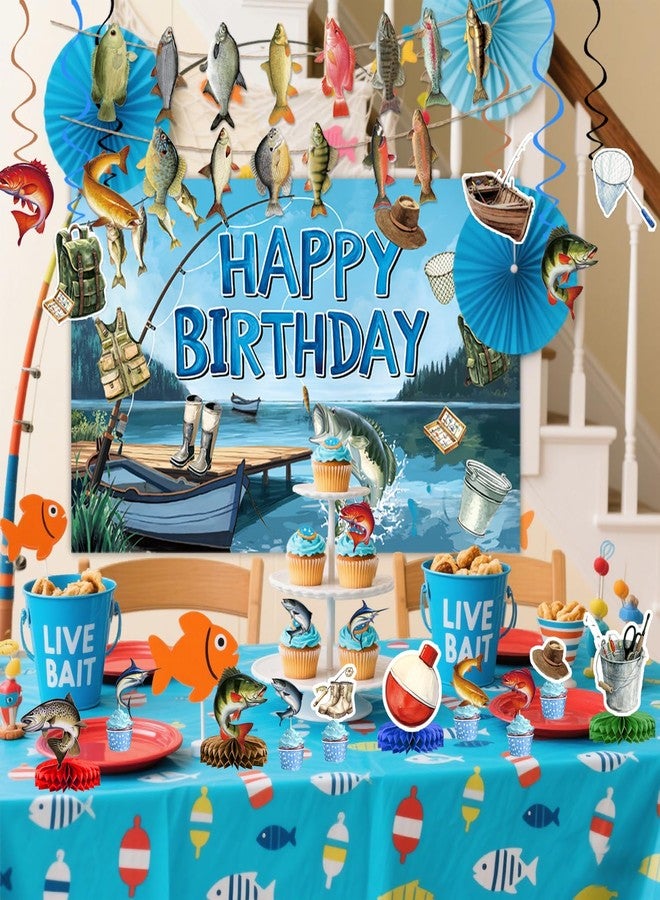 LINHAXM Fishing Birthday Party Decorations Includes Backdrop, Banner, Hanging Swirls, Balloons, Cake & Cupcake Toppers, Honeycomb Centerpieces for Ofishally One Birthday Decorations - Image 4