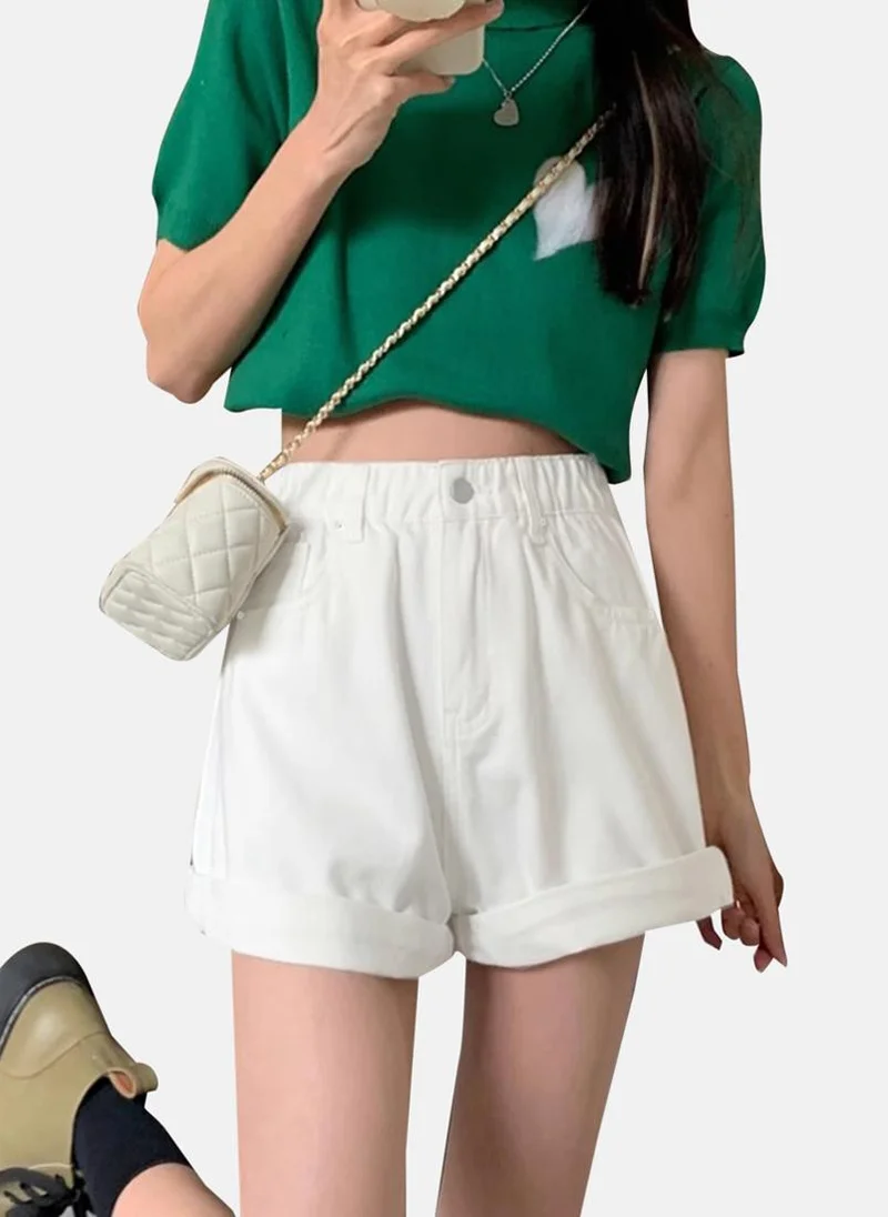 يونيكي White Solid Denim Shorts