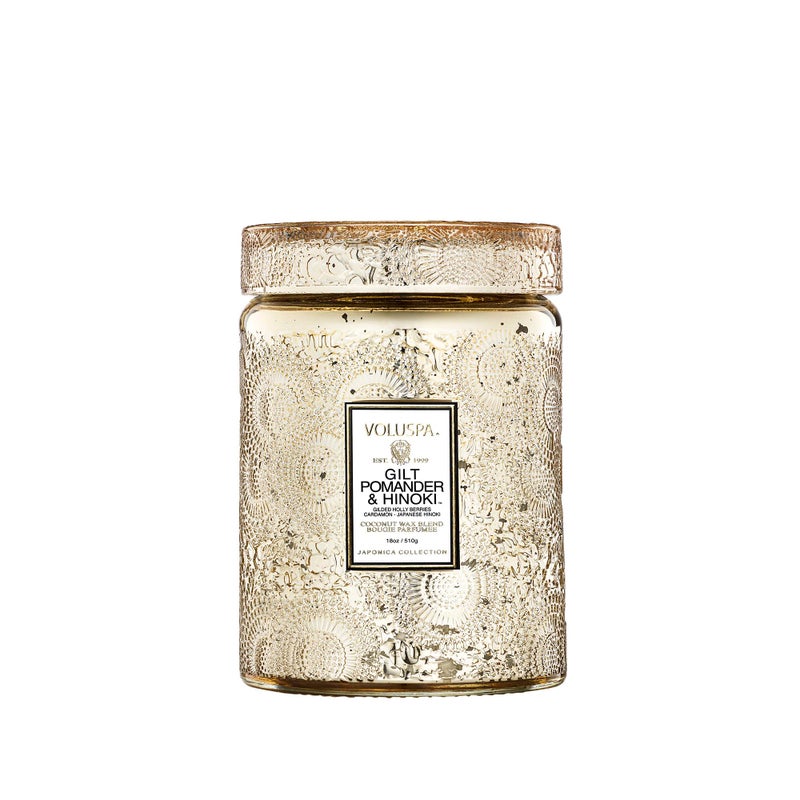 Voluspa Gilt Pomander Hinoki, Large Candle Jar, 18 oz, 100 Hour Burn Time, Coconut Wax for Clean Burning, Handcrafted in The USA - Image 1