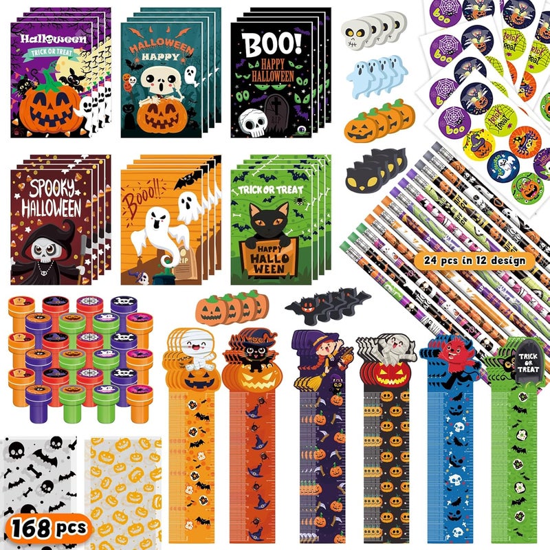 BEARUN Halloween Party Favor for Kids, 168 PCS 24-Pack Halloween Stationery Set with Goody Treat Bags, Bulk Toy for Class, Spooky Themed Halloween Party Gifts Prizes - Image 1