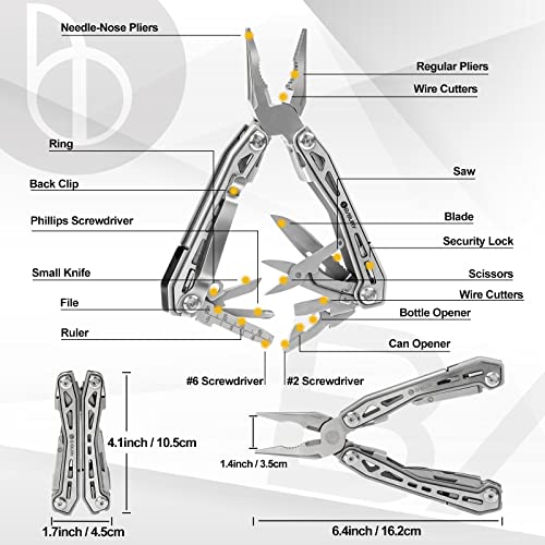 BIBURY Multitools BI2043, 17-in-1 Portable Multitool Foldable Spring-Loaded Pliers with Scissors, Can Opener & Screwdriver, Safety Locking EDC Tools for Camping Outdoor Activities Home Repair (Black) - Image 2
