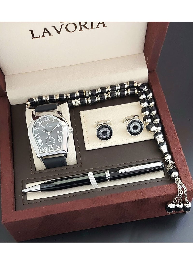 LAVORIA Laforea watch gift set for men consisting of 4 pieces, a rosary watch, a pen and a set of buttons 