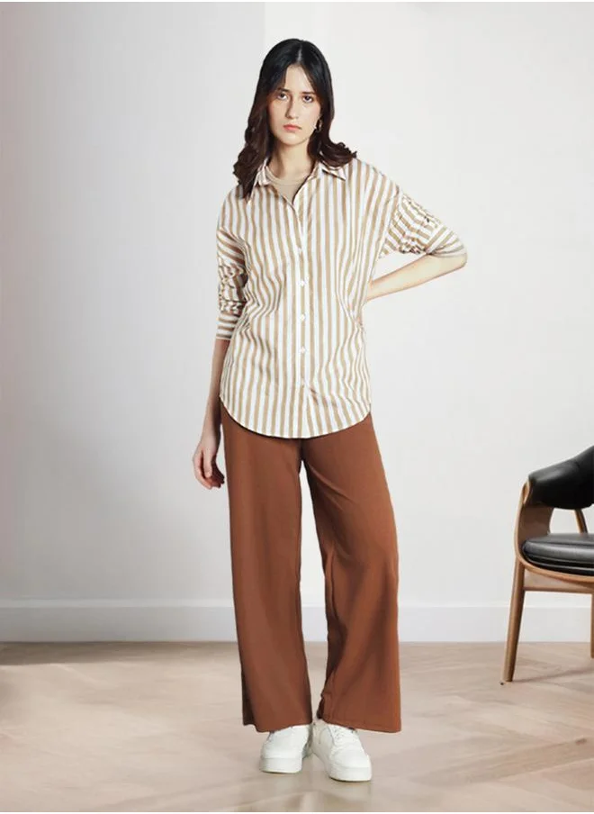 دينيس لينغو Women's Khaki Rayon Striped Relaxed Fit Shirt