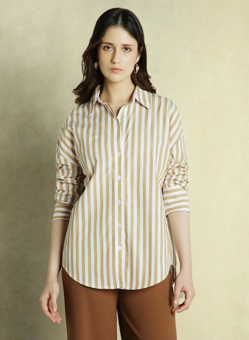Dennis Lingo Women's Khaki Rayon Striped Relaxed Fit Shirt