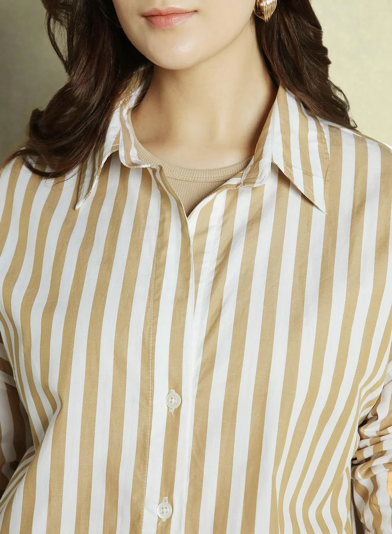 Dennis Lingo Women's Khaki Rayon Striped Relaxed Fit Shirt