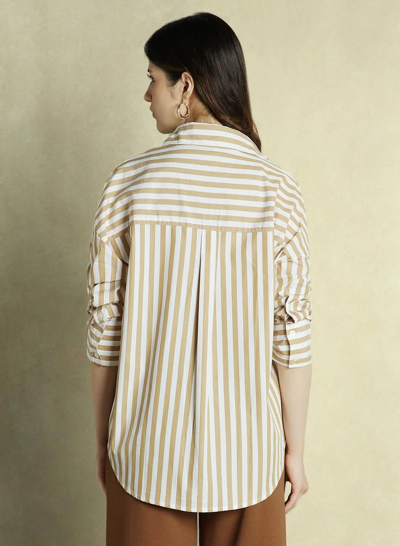 Dennis Lingo Women's Khaki Rayon Striped Relaxed Fit Shirt