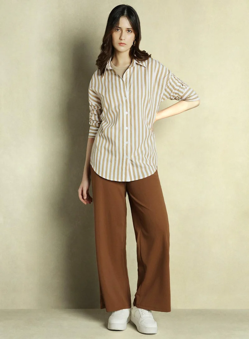 Dennis Lingo Women's Khaki Rayon Striped Relaxed Fit Shirt