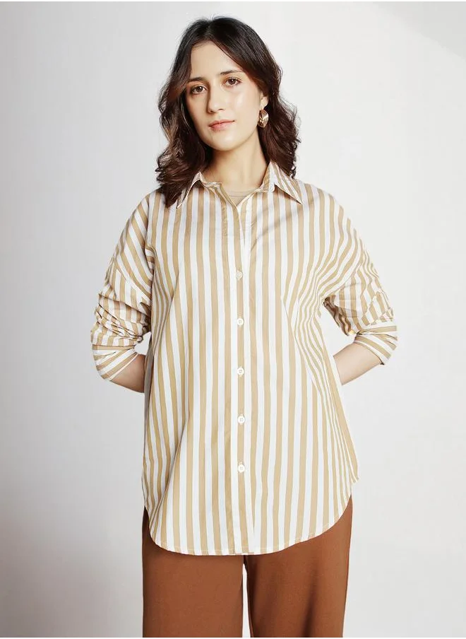 دينيس لينغو Women's Khaki Rayon Striped Relaxed Fit Shirt