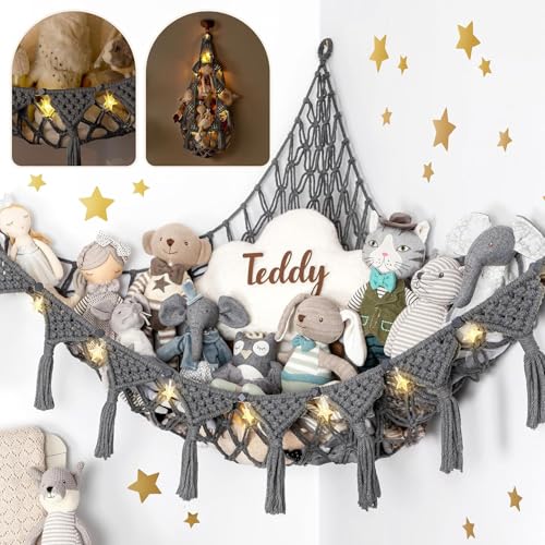 TIDYTEDS Macrame DreamLights Boho Stuffed Animal Storage Net or hammock Extra Large for Small or large Plushies. Plush Gray Toy Storage Holder - Image 1