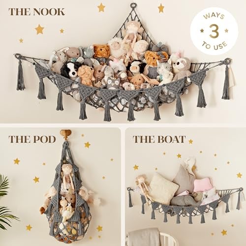 TIDYTEDS Macrame DreamLights Boho Stuffed Animal Storage Net or hammock Extra Large for Small or large Plushies. Plush Gray Toy Storage Holder - Image 4