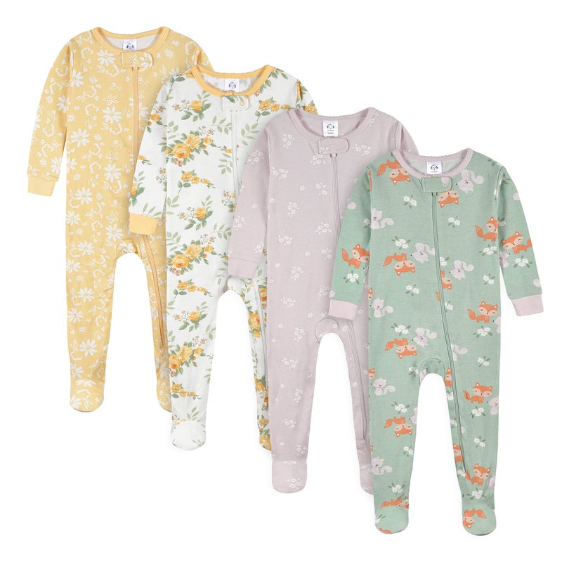Gerber Baby Girls 4-pack Footed Pajamas And Toddler Sleepers, Roses And Fox, 18 Months US - Image 1