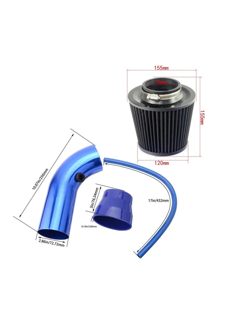 Generic 3 76Mm Universal Racing Air Conditioning Suction Turbine Induction Tube Kit Aluminum with Cone Air Filter Inlet Blue (Silver)  - Image 2