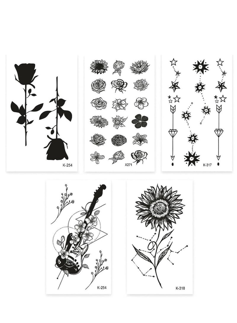 ملصقات وشم مؤقتة وهمية مقاومة للماء على شكل فراشة عباد الشمس وزهور الورد وملصقات وشم مختلفة الأشكال وملصقات فنية للجسم (عبوة من 5 أوراق بتصميمات مختلفة) - Image 1