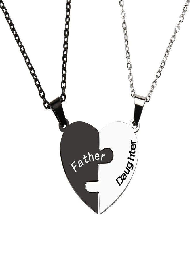 YangQian Father Daughter Necklace Set - 2 Heart Puzzle Necklaces - Unisex Adult, Girls - Stainless Steel - Tennis Chain - 23 Inches - Black Father, White Daughter - Image 1