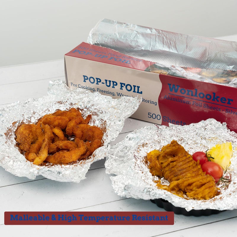 Wonlooker Aluminum Foil Sheets, 500 Sheets, 12 x 12inch/sheet, Precut Aluminum Foil Wraps, Pop-Up Interfolded Foil Sheets for Baking, Grilling, Roasting, Cooking or Storing Food, Large, Silver - Image 2