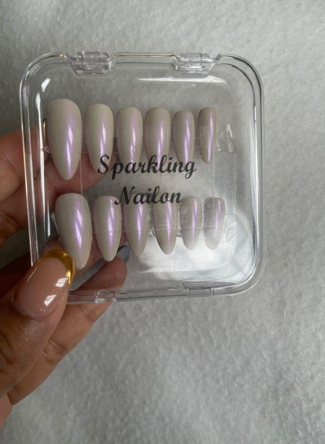 Sparkling Nailon Acrylic Cream Holographic Press-On Nails - Designer Artificial Stick-On Nail Extensions (14 Pieces, Free Size) Coffin Shape - Image 4
