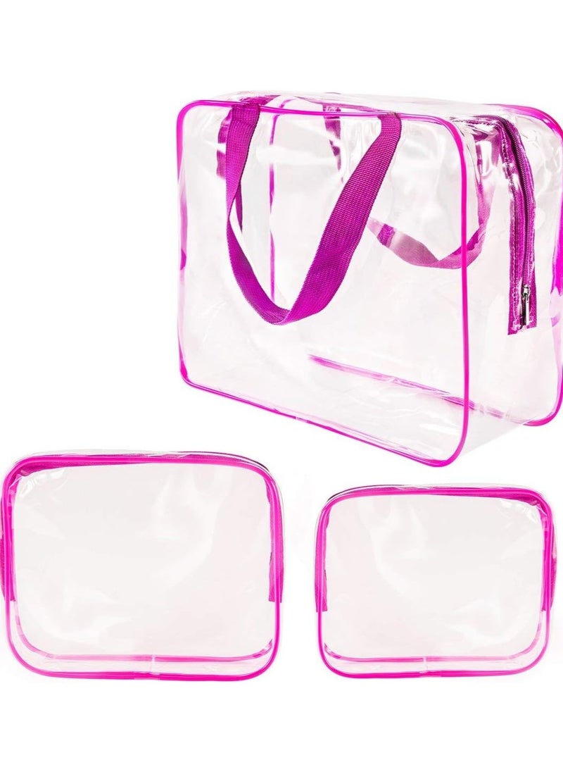 ORiTi ORiTi 3Pcs Clear Cosmetic Bag Air Travel Plastic Toiletry Pouch, Water Resistant Packing Cubes with Zipper Closure and Carrying Handle for Women Baby Men, Make-up Brush Case Beach Pool Spa Gym Bags (P  - Image 1