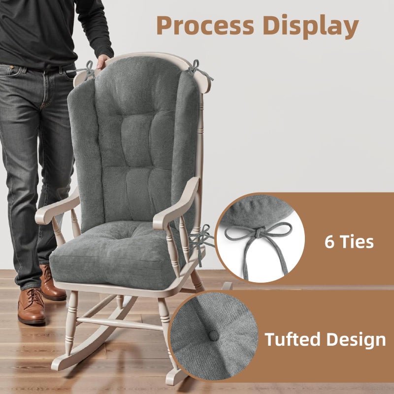 ROFIEJOX Wingback Rocking Chair cushion - Large Adirondack Chair Cushions, High-Density Sponge, Comfort Chenille Indoor Rocker Pads with Ties, 2 Piece Sets- Seat Cushion & Back Cushion, Grey | Standard Size - Image 3