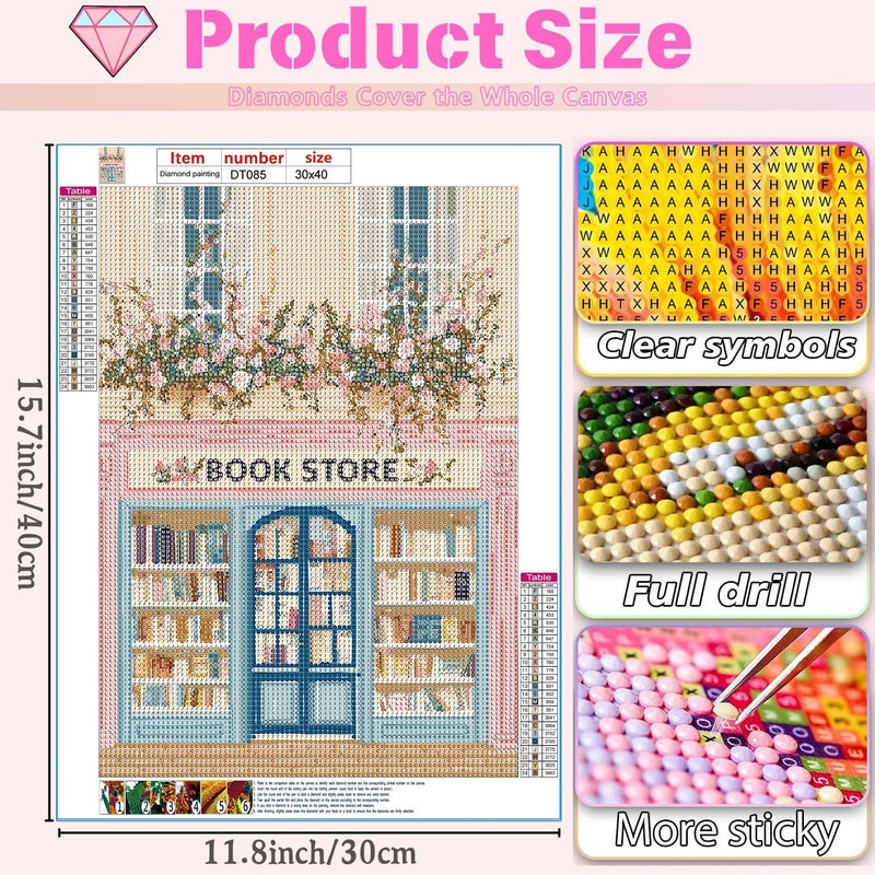 DAZZLEDOTS Diamond Art Kits for Adults, Pink Book Shop Diamond Painting Kits for Adults Beginners, DIY Diamond Dots Bookstore 5D Full Round Drill Gem Art Painting Kits for Home Wall Decor 12x16 inch - Image 4
