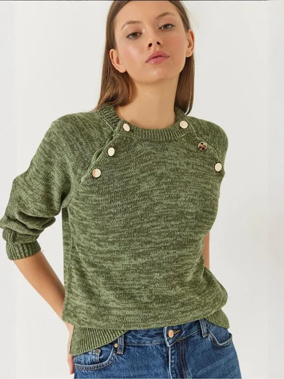 Bianco Lucci LUCCI Textured Knitwear Crew Neck Sweater with Buttons
