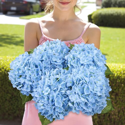Bassion 4 Pcs 21" Hydrangea Artificial Flowers, Realistic Blue Latex Real Touch Faux Hydrangeas Fake Flowers for Bouquets Wedding Party Table Centerpieces Arrangements Indoor Home Decorations Outdoors - Image 5