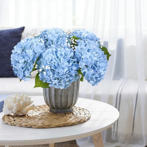 Bassion 4 Pcs 21" Hydrangea Artificial Flowers, Realistic Blue Latex Real Touch Faux Hydrangeas Fake Flowers for Bouquets Wedding Party Table Centerpieces Arrangements Indoor Home Decorations Outdoors - Image 3