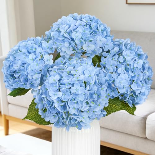 Bassion 4 Pcs 21" Hydrangea Artificial Flowers, Realistic Blue Latex Real Touch Faux Hydrangeas Fake Flowers for Bouquets Wedding Party Table Centerpieces Arrangements Indoor Home Decorations Outdoors - Image 1