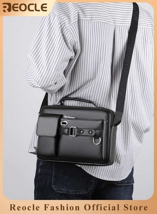 REOCLE Men's Genuine Leather Business Crossbody Bag High-end Layer Cowhide Office Shoulder Bag Handbag with Portable Headphone Hole - Image 1