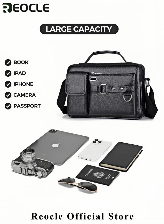 REOCLE Men's Genuine Leather Business Crossbody Bag High-end Layer Cowhide Office Shoulder Bag Handbag with Portable Headphone Hole - Image 4