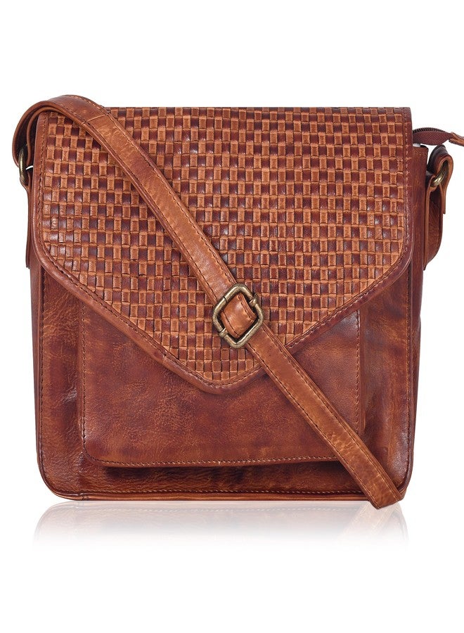 Ozora Leather Flapover Crossbody Handbag Purse for Women with Adjustable Strap & Overflap Snap Closure Tote/Bag, Tan Weaving, Medium, Chris - Image 1