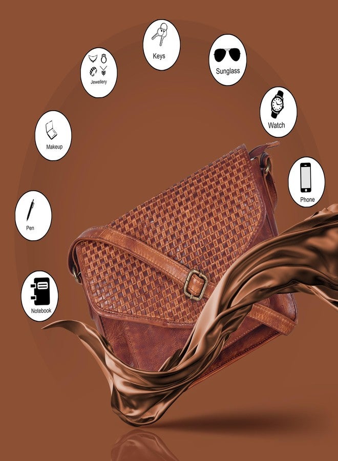 Ozora Leather Flapover Crossbody Handbag Purse for Women with Adjustable Strap & Overflap Snap Closure Tote/Bag, Tan Weaving, Medium, Chris - Image 3