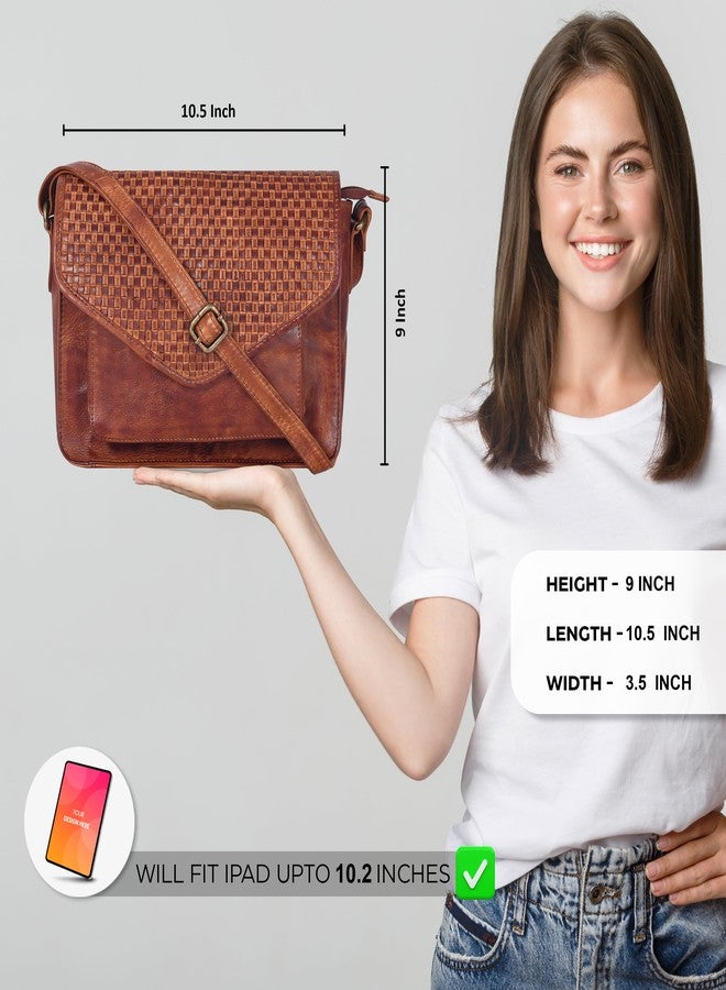 Ozora Leather Flapover Crossbody Handbag Purse for Women with Adjustable Strap & Overflap Snap Closure Tote/Bag, Tan Weaving, Medium, Chris - Image 2