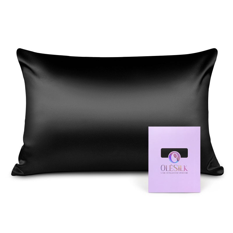 OLESILK 100 Silk Pillowcase for Hair and Skin Both Sides 16 Momme Real Natural Mulberry Silk with Hidden Zipper and Gift Box 1pc Black 50x75cm