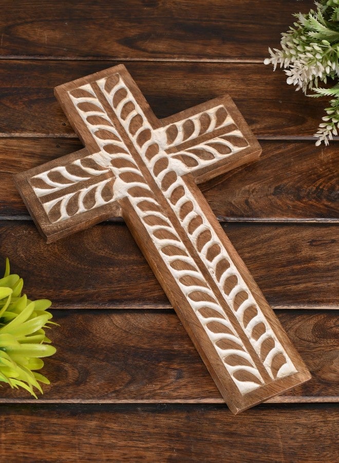 NIRMAN Mango Wood Religious Catholic Cross Wall Hanging Floral Carvings Living Room Home Décor for Entryway Office Living Room (10" x 6" x 0.75") - Image 5