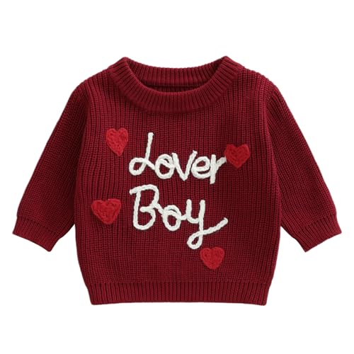 Amnnchya Baby Boy Valenitens Sweater Lover Heart Long Sleeve Knit Sweatshirt Pullover Toddler Infant Newborn Spring Outfit (Red, 18-24 Months) - Image 1
