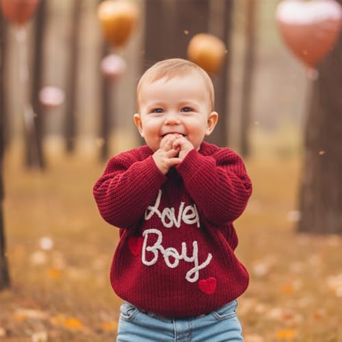 Amnnchya Baby Boy Valenitens Sweater Lover Heart Long Sleeve Knit Sweatshirt Pullover Toddler Infant Newborn Spring Outfit (Red, 18-24 Months) - Image 4