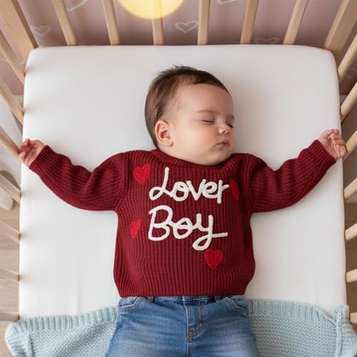 Amnnchya Baby Boy Valenitens Sweater Lover Heart Long Sleeve Knit Sweatshirt Pullover Toddler Infant Newborn Spring Outfit (Red, 18-24 Months) - Image 2