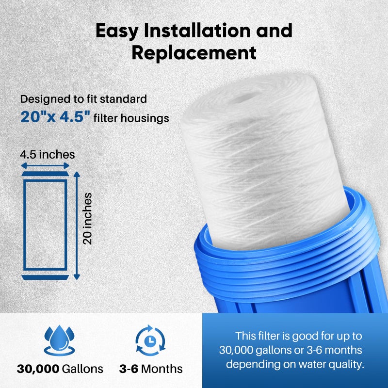 Pure Plus PUREPLUS 5 Micron 4.5" x 20" Whole House String Wound Sediment Filter for Well Water, Replacement Cartridge for Pentair Pentek WP5BB20P/WP25BB20P, Hydronix SWC-45-2005, SpiroPure SP-WP5-20BB, 2Pack - Image 2