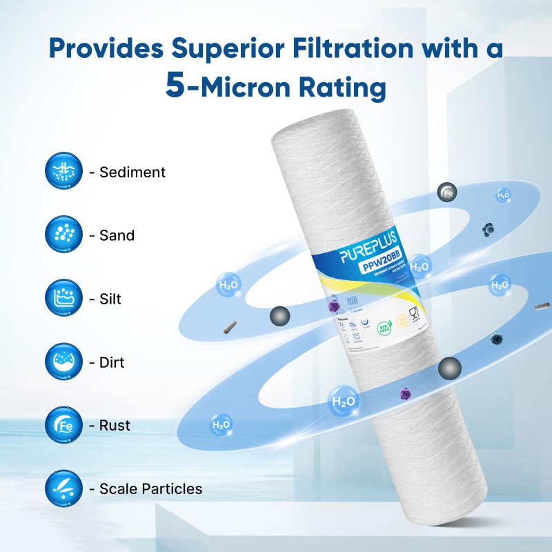 Pure Plus PUREPLUS 5 Micron 4.5" x 20" Whole House String Wound Sediment Filter for Well Water, Replacement Cartridge for Pentair Pentek WP5BB20P/WP25BB20P, Hydronix SWC-45-2005, SpiroPure SP-WP5-20BB, 2Pack - Image 5