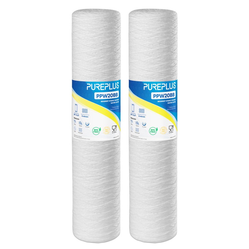 Pure Plus PUREPLUS 5 Micron 4.5" x 20" Whole House String Wound Sediment Filter for Well Water, Replacement Cartridge for Pentair Pentek WP5BB20P/WP25BB20P, Hydronix SWC-45-2005, SpiroPure SP-WP5-20BB, 2Pack - Image 1