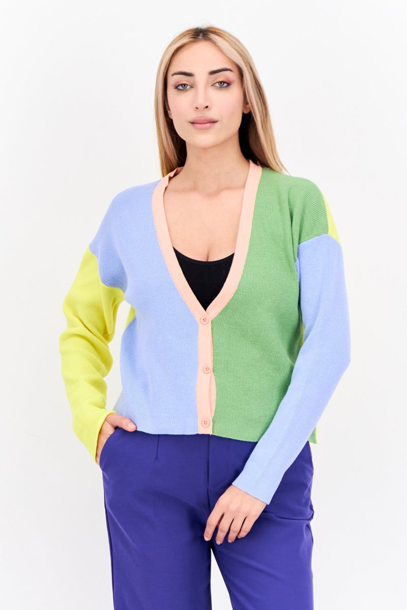 Daisy Street Women V Neck Long Sleeves Colorblock Cardigans, Multicolor - Image 1