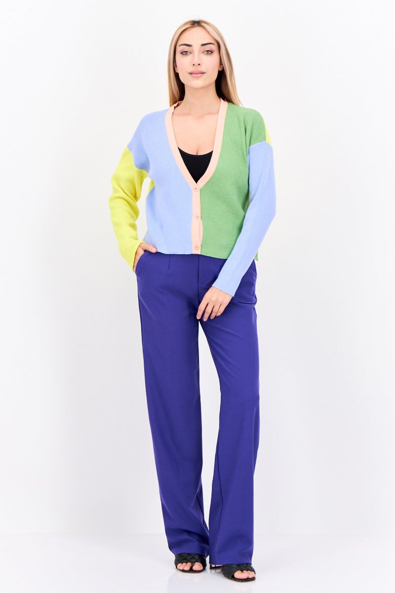 Daisy Street Women V Neck Long Sleeves Colorblock Cardigans, Multicolor - Image 4