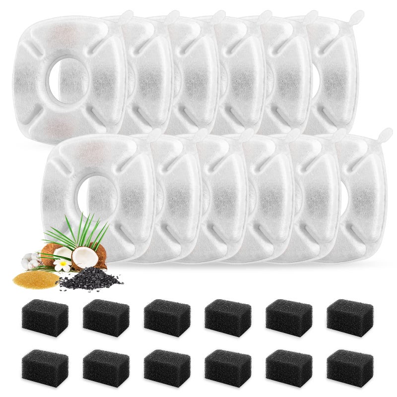 Porens 24 Pcs Cat Fountain Replacement Filters 12 Pack Cat Water Fountain Replacement Filters with 12 Pack Pre-Filter Sponges, Pet Fountain Filter Fit for 95oz/2.8L Automatic Pet Fountain Cat Water Fountain - Image 1
