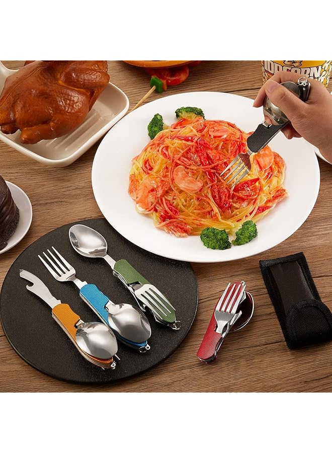 SYOSI Folding Camping Utensils Cutlery Set 2Pcs 4 in 1 Stainless Steel Spoon Fork Knife Bottle Opener Set Detachable Tableware Pocket Kits Backpacking Cutlery Multitool for Camping Travel  - Image 5