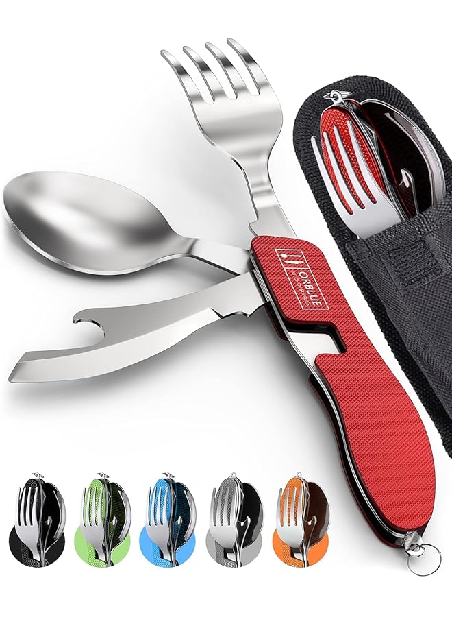 SYOSI Folding Camping Utensils Cutlery Set 2Pcs 4 in 1 Stainless Steel Spoon Fork Knife Bottle Opener Set Detachable Tableware Pocket Kits Backpacking Cutlery Multitool for Camping Travel  - Image 1