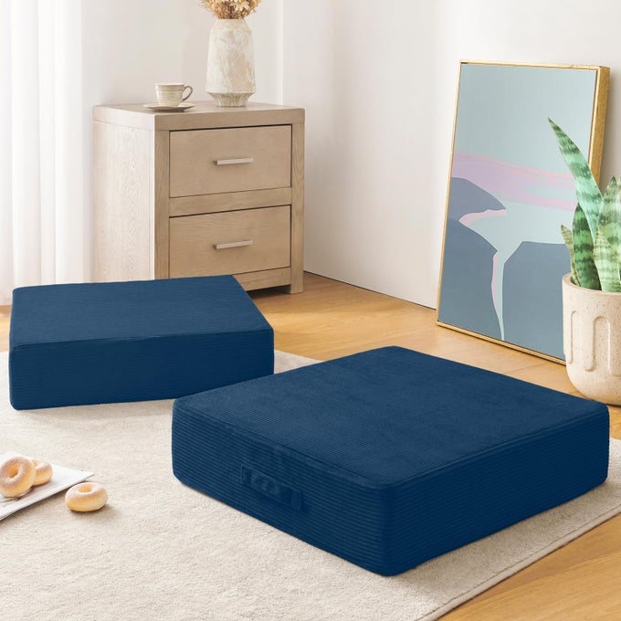 SOLID SQUARE FLOOR PILLOWS FOR ADULTS KIDS LARGE MEDITATION FLOOR PILLOW SEATING CUSHION WITH THICK FOAM WASHABLE VELVET COVER 2 PACK 22X22X5 INCH DARK BLUE