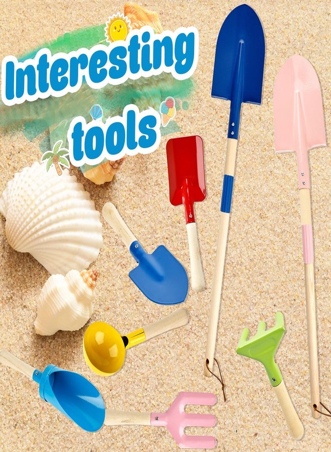 Feradny 8 Pieces Kids Beach Sand Tools Metal Beach Spoon, Trowel, Rake, Forks, Flat and Pointed Shovel Sand Digging Buckets with Sturdy Wooden Handle for Children Gardening Use - Image 4