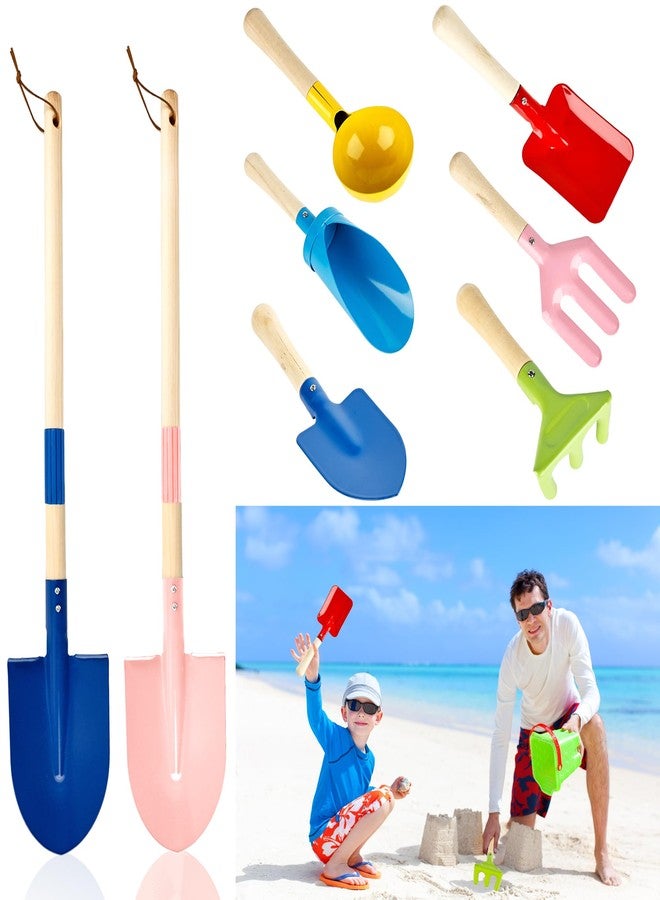 Feradny 8 Pieces Kids Beach Sand Tools Metal Beach Spoon, Trowel, Rake, Forks, Flat and Pointed Shovel Sand Digging Buckets with Sturdy Wooden Handle for Children Gardening Use - Image 1